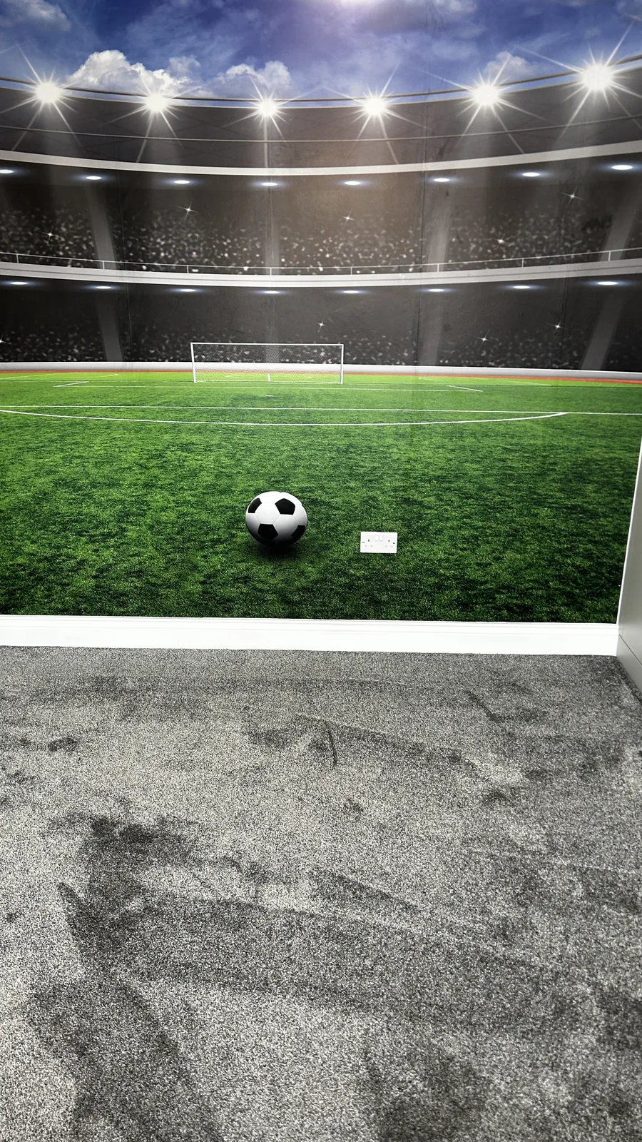 Dark carpet fitted in a football-themed room