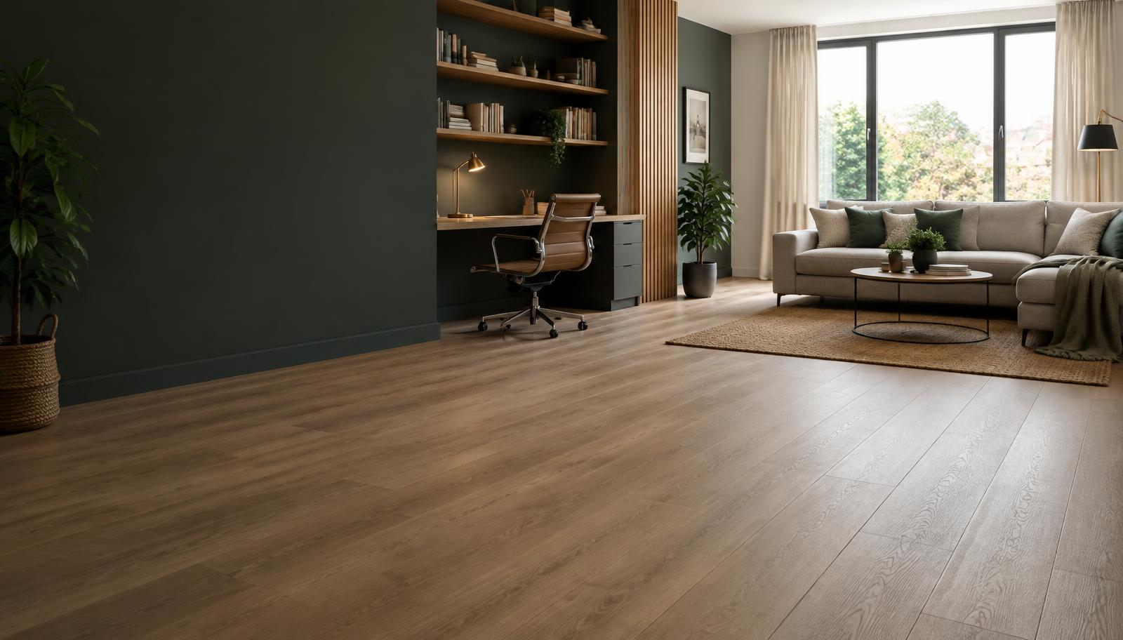 Wood-effect laminate flooring in a furnished room
